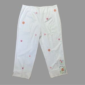 Floral Embroidered White Zipper Pants Capris Sz 14